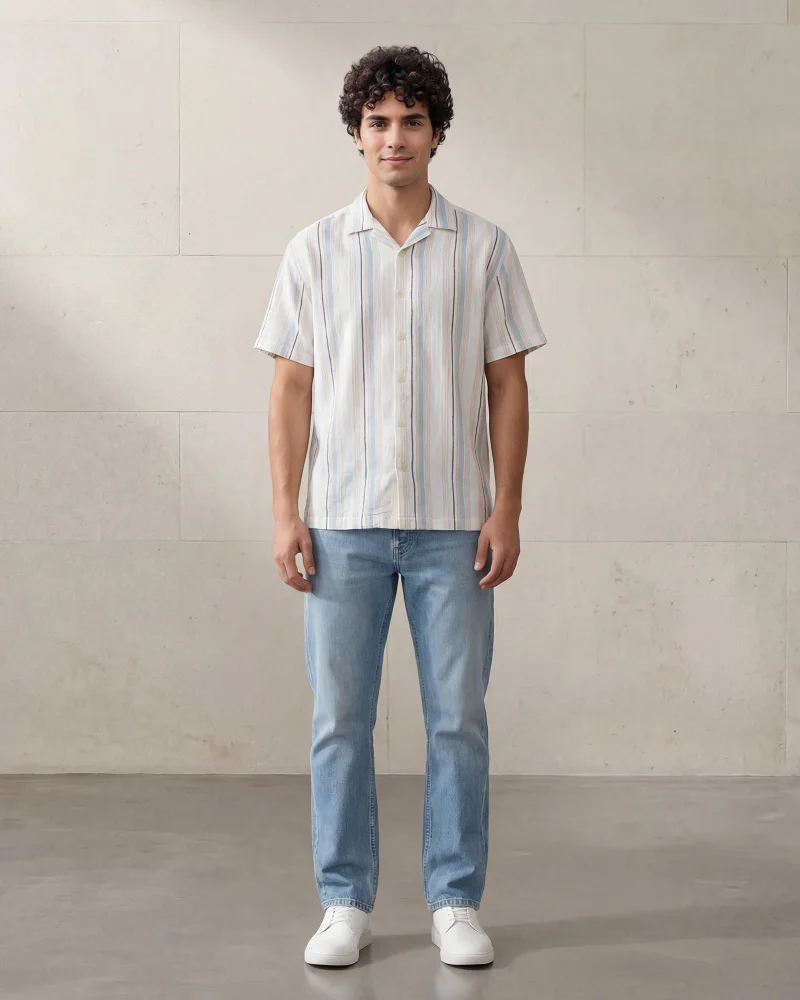 Redtag Men White and Blue And Striped Short Sleeve Dobby Shirt