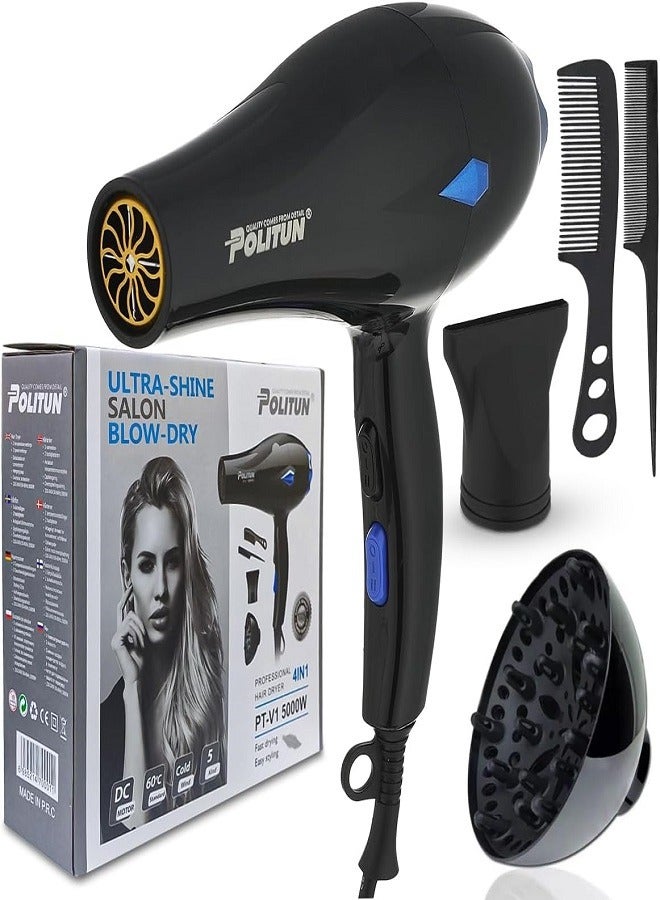 POLITUN Hair Dryer Professional 5000 Watts, Fast Drying, Salon Smooth, Powerful Motor, 3 Temperature Settings, 2 Speeds, Detachable Air Concentrator, Overheat Protection PT-V1 - Image 1