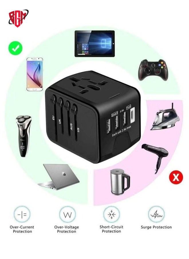 BGM Universal Travel Adapter with 3 USB + 1 Type C Charging Ports (Black) - Image 3
