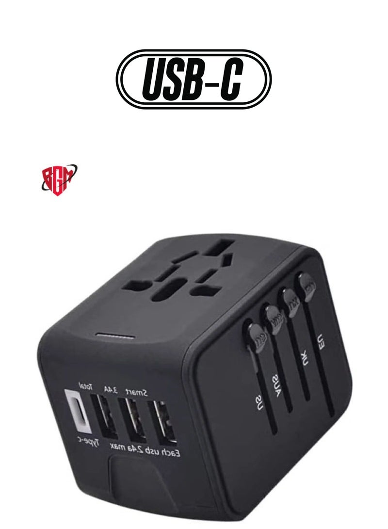 BGM Universal Travel Adapter with 3 USB + 1 Type C Charging Ports (Black) - Image 1