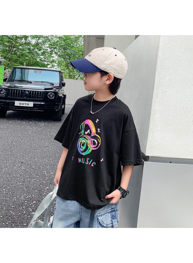 Men's Big Children's Summer Black Graffiti Short-sleeved T-shirt New Children's Boys Summer Ice Cool Cool Top Trendy