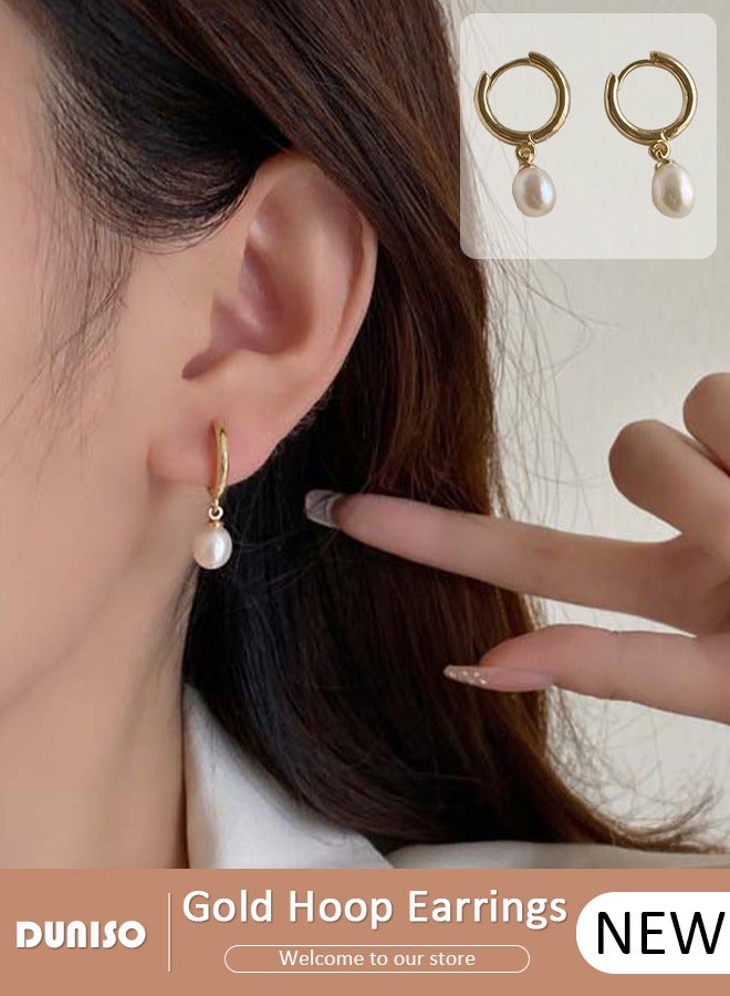 DUNISO Gold Pearl Drop Earrings for Women Freshwater Cultured Pearl Dangle Small Huggies Hoop Earrings, Dainty Fashion Bohemian Earrings for Ladies Birthday Gift - Image 1