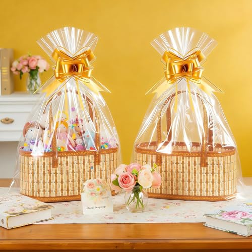 BOARDFEB Premium Woven Gift Baskets Set, 2 Pack Woven Storage Baskets with Handles with Golden Bows Gift Bags for Thoughtful Present Wrapping - Image 3