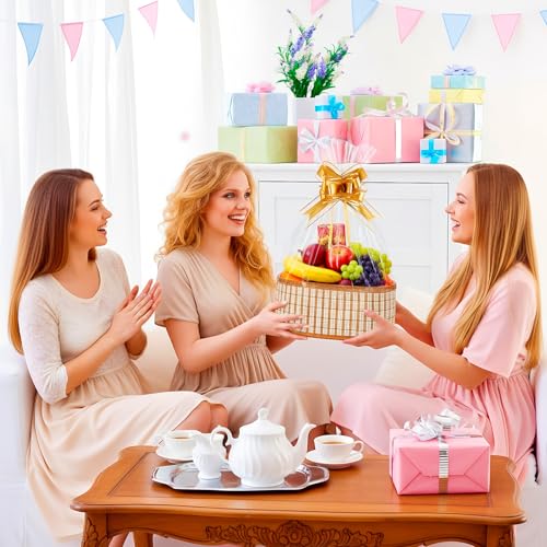 BOARDFEB Premium Woven Gift Baskets Set, 2 Pack Woven Storage Baskets with Handles with Golden Bows Gift Bags for Thoughtful Present Wrapping - Image 2