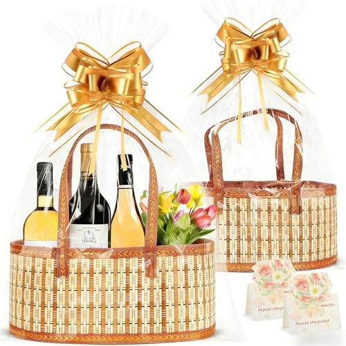 BOARDFEB Premium Woven Gift Baskets Set, 2 Pack Woven Storage Baskets with Handles with Golden Bows Gift Bags for Thoughtful Present Wrapping - Image 1