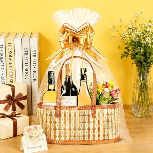 BOARDFEB Premium Woven Gift Baskets Set, 2 Pack Woven Storage Baskets with Handles with Golden Bows Gift Bags for Thoughtful Present Wrapping - Image 4