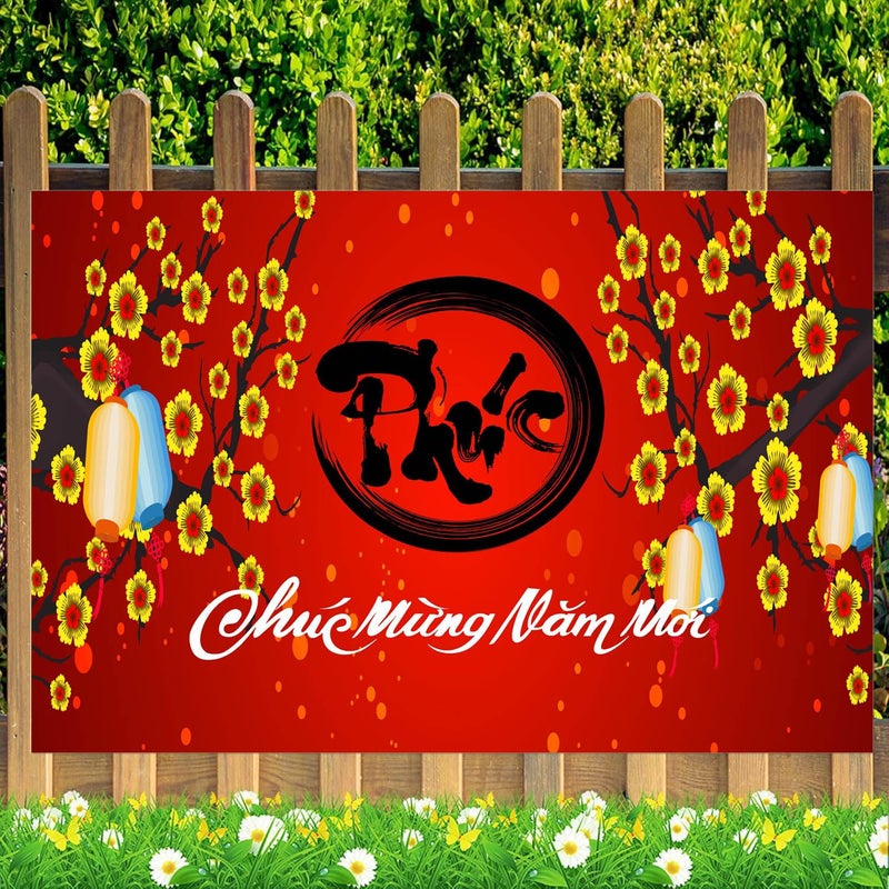 CORFOTO 7x5ft Fabric Vietnamese New Year Backdrop Happy Vietnamese New Year Backdrop Cherry Blossoms Red Lunar New Year Background Asian Festival Photo Booth Props - Image 4