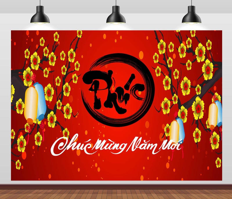 CORFOTO 7x5ft Fabric Vietnamese New Year Backdrop Happy Vietnamese New Year Backdrop Cherry Blossoms Red Lunar New Year Background Asian Festival Photo Booth Props - Image 1