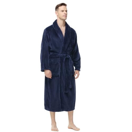Yurhap Mens Fleece Robe, Soft Plush Robe for Men, Fluffy Bathrobe with Belt & 2 Pockets, Navy, L-XL - Image 1