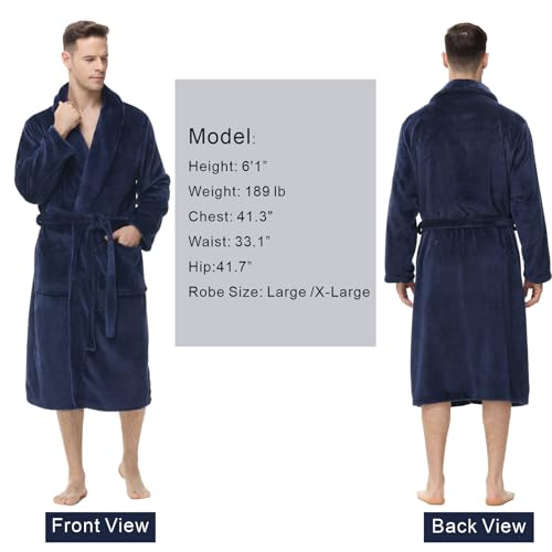 Yurhap Mens Fleece Robe, Soft Plush Robe for Men, Fluffy Bathrobe with Belt & 2 Pockets, Navy, L-XL - Image 4