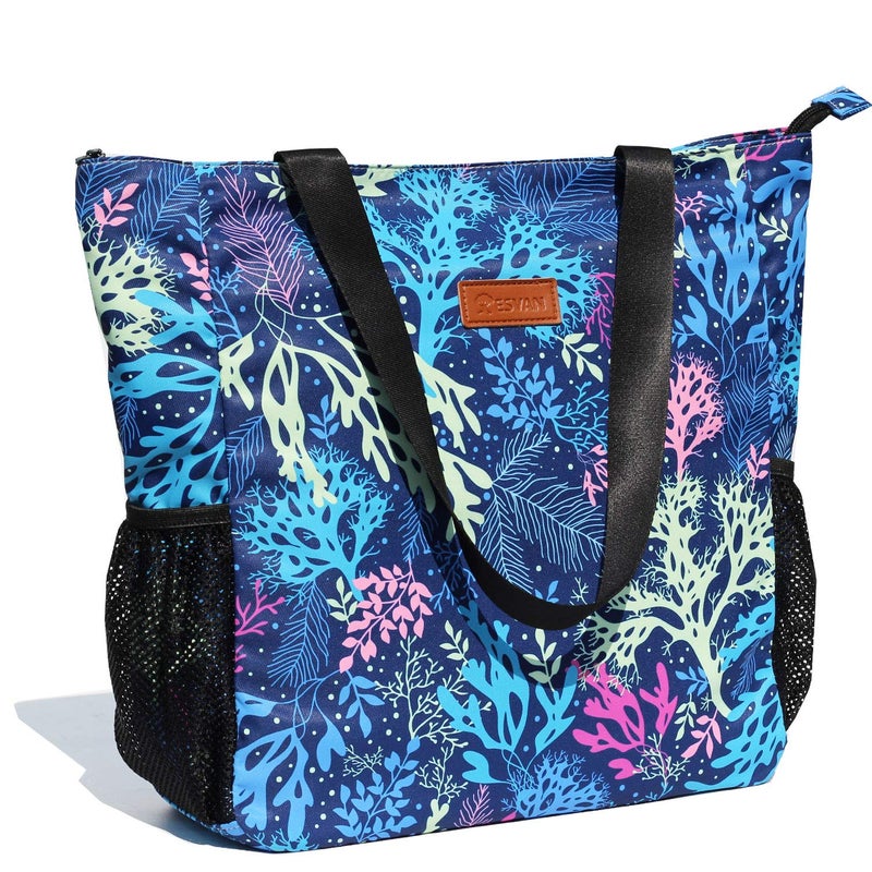 ESVAN Original Floral Water Resistant Large Tote Bag Shoulder Bag for Gym Beach Travel Daily Bags Upgraded Z Coral