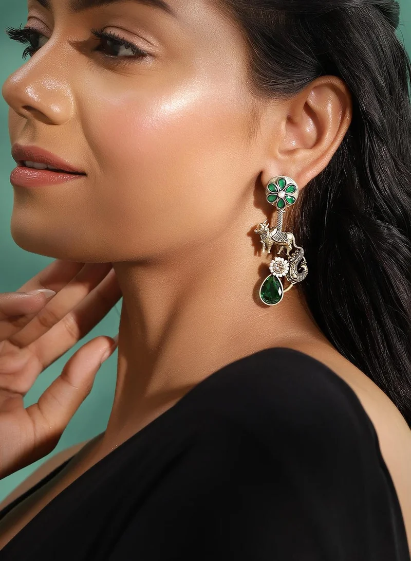 ISHIN Green Colour Metallic Grey Plated Emerald Drop Earring