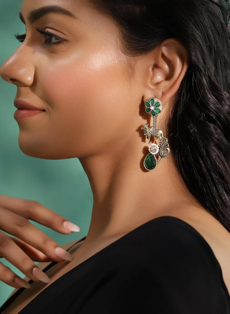 ISHIN Green Colour Metallic Grey Plated Emerald Drop Earring