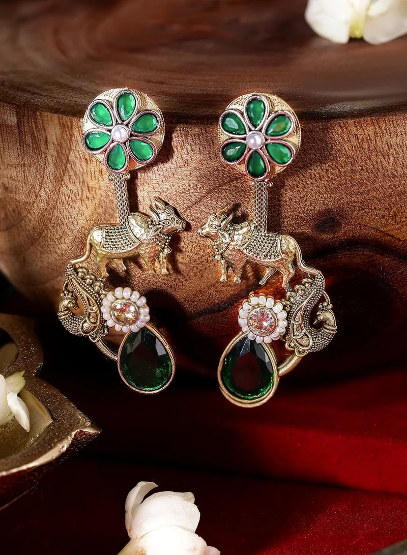 ISHIN  Green Colour Metallic Grey Plated Emerald Drop Earring for Women | Best Price UAE
