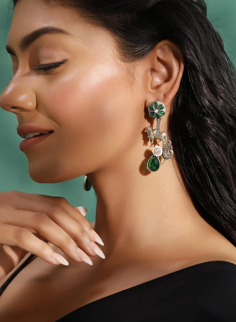 ISHIN  Green Colour Metallic Grey Plated Emerald Drop Earring for Women | Best Price UAE