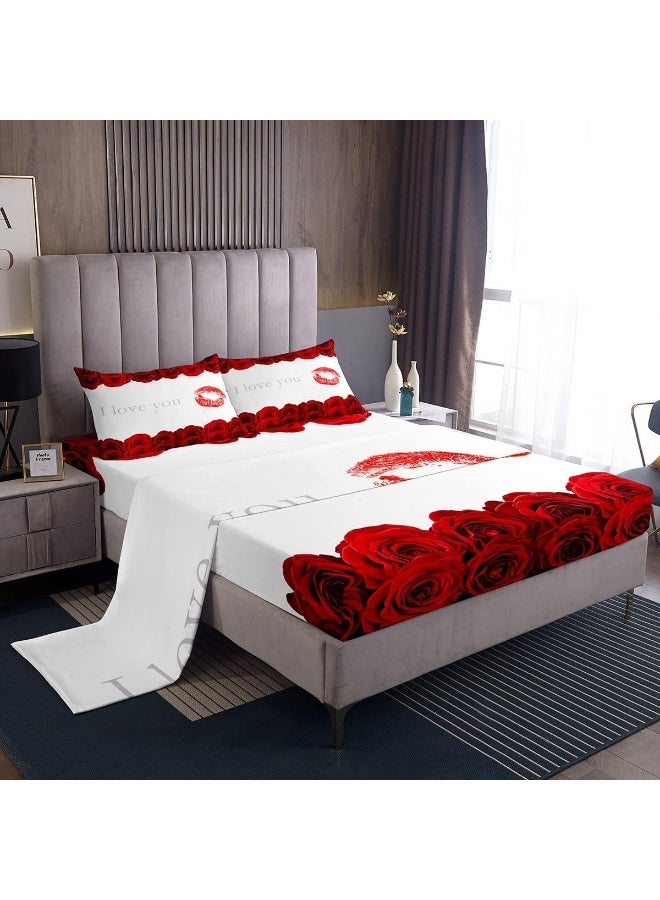 3D Red Rose Bed Sheet Set King Size, Red Lip and Flowers Floral Print Fitted Sheet + 1 Flat + 2 Pillowcases, Love Themed Valentine's Day for Couple Breathable Bed Mattress Cover, Bedroom Decor  - Image 1