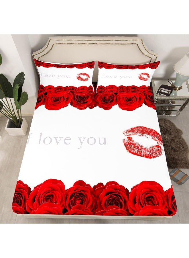 3D Red Rose Bed Sheet Set King Size, Red Lip and Flowers Floral Print Fitted Sheet + 1 Flat + 2 Pillowcases, Love Themed Valentine's Day for Couple Breathable Bed Mattress Cover, Bedroom Decor  - Image 3
