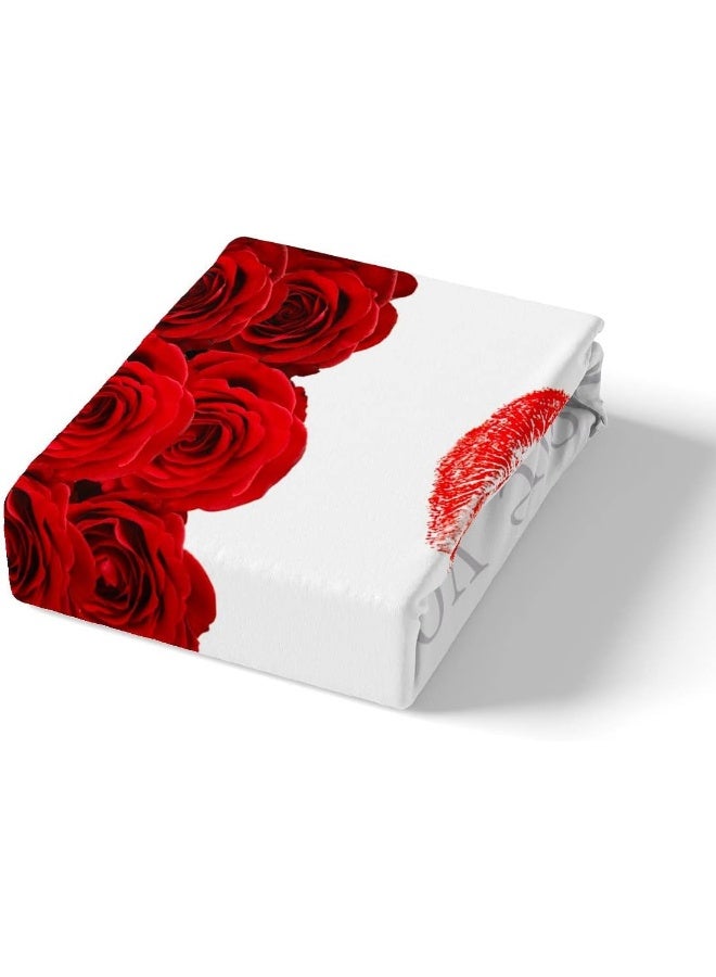 3D Red Rose Bed Sheet Set King Size, Red Lip and Flowers Floral Print Fitted Sheet + 1 Flat + 2 Pillowcases, Love Themed Valentine's Day for Couple Breathable Bed Mattress Cover, Bedroom Decor  - Image 4