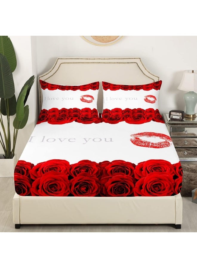 3D Red Rose Bed Sheet Set King Size, Red Lip and Flowers Floral Print Fitted Sheet + 1 Flat + 2 Pillowcases, Love Themed Valentine's Day for Couple Breathable Bed Mattress Cover, Bedroom Decor  - Image 2