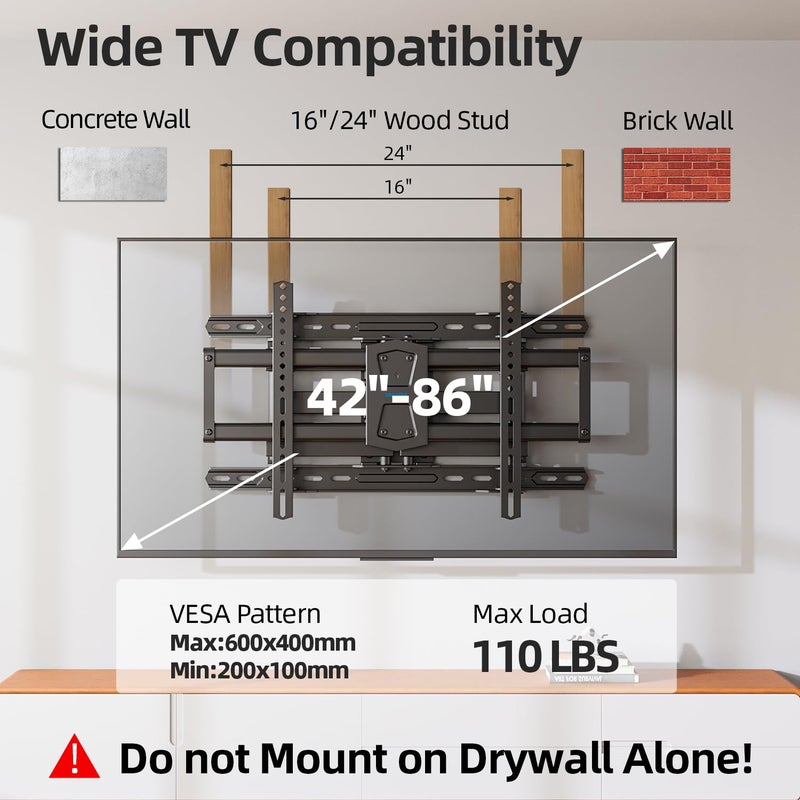 USX STAR Full Motion TV Wall Mount 24 inch Studs for Most 42-86 Inch TVs, Adjustable TV Wall Mount Swivel and Tilt, Loading 110 LBS, Max VESA 600x400mm, Fits 16", 18", 24" Studs - Image 2