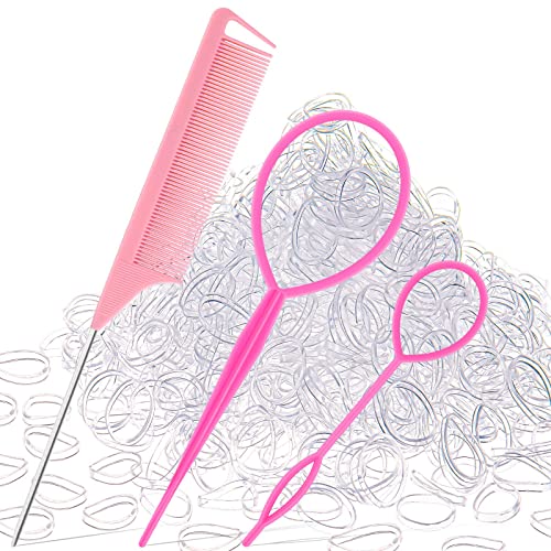 Schembo 1000Pcs Hair Rubber Bands, Soft Small Hair Elastics for Girls and Women, 2pcs Topsy Tail Tools, 1 Rat Tail Comb, Pink Schembo - Image 1