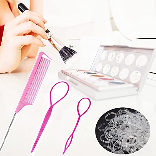 Schembo 1000Pcs Hair Rubber Bands, Soft Small Hair Elastics for Girls and Women, 2pcs Topsy Tail Tools, 1 Rat Tail Comb, Pink Schembo - Image 3