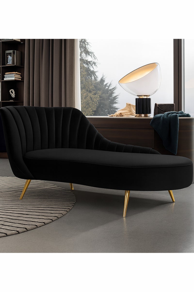 كرنك أريكة شيز لونج عصرية سوداء من كرنك - تنجيد مخملي أنيق، أرجل ذهبية، أريكة فاخرة مميزة لغرفة المعيشة أو غرفة النوم أو أثاث المكتب