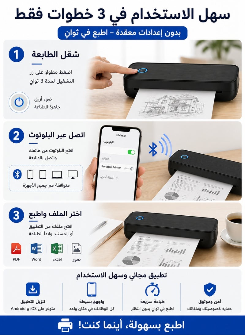 OULIYO Portable A4 Thermal Printer – Wireless Inkless Bluetooth Printer for Phone & Laptop – Compatible with iOS Android Windows Mac – Travel & Office Mini Printer - Image 5