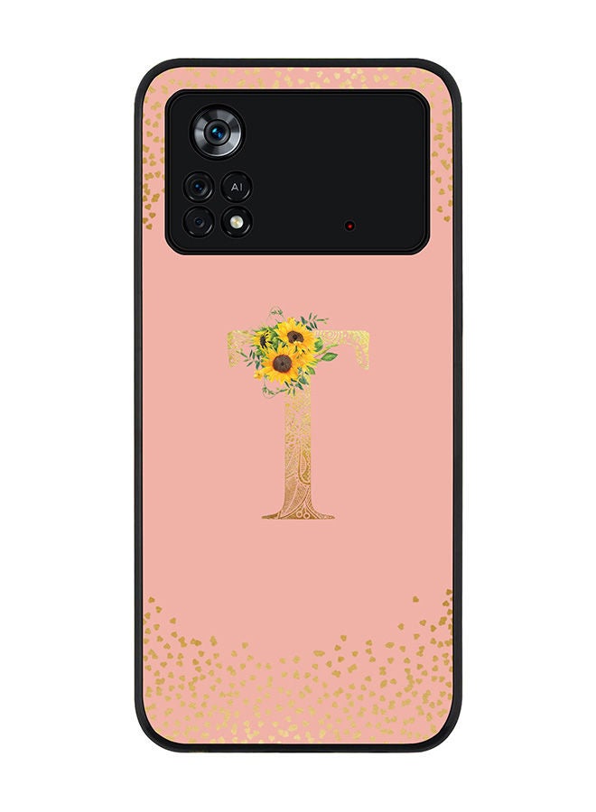 Stylizedd Rugged Black edge case for Poco M4 Pro 4G Slim fit Soft Case Flexible Rubber Edges Anti Drop TPU Gel Thin Cover - Custom Monogram Initial Letter Floral Pattern Alphabet - T (Rose Pink ) - Image 1