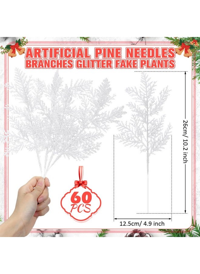 Waydress 60 Pieces Christmas Floral Picks Artificial Pine Needles Branches Fake Tree Branches Christmas Floral Picks Glitter Fake Floral Twig Picks for Christmas Tree Home Wreaths Holiday Decor (Shiny White)  - Image 2
