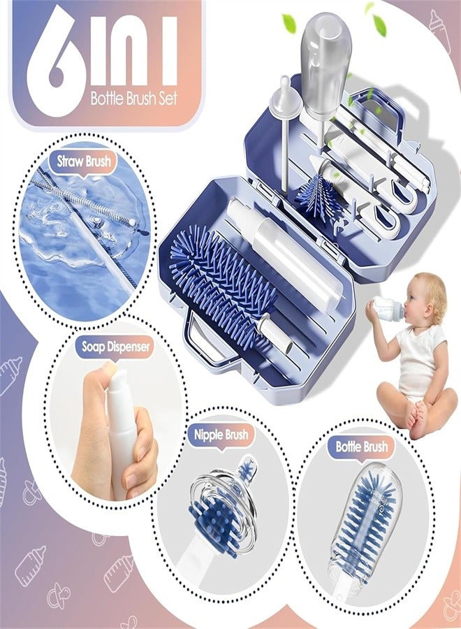 6 in 1 Bottle Cleaning Brush Set, Travel Baby Bottle Brush Cleaner Set with Silicone Bottle Brush Nipple Cleaner Brush Straw Brush Soap Dispenser Storage Box Bottle Drying Rack - Image 4