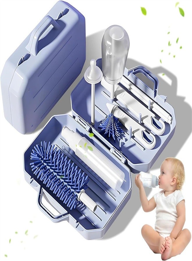 6 in 1 Bottle Cleaning Brush Set, Travel Baby Bottle Brush Cleaner Set with Silicone Bottle Brush Nipple Cleaner Brush Straw Brush Soap Dispenser Storage Box Bottle Drying Rack - Image 1
