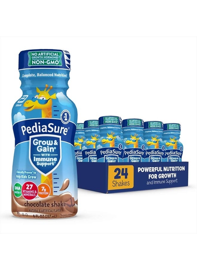 Pediasure - بيدياشور جرو آند جين مع دعم المناعة، شيك بروتين للأطفال، 27 فيتامين ومعادن، 7 جرام بروتين، يساعد الأطفال على اللحاق بالنمو، غير معدل وراثيًا، خالٍ من الجلوتين، شوكولاتة، 8 أونصة سائلة (عبوة من 24 قطعة) - Image 1