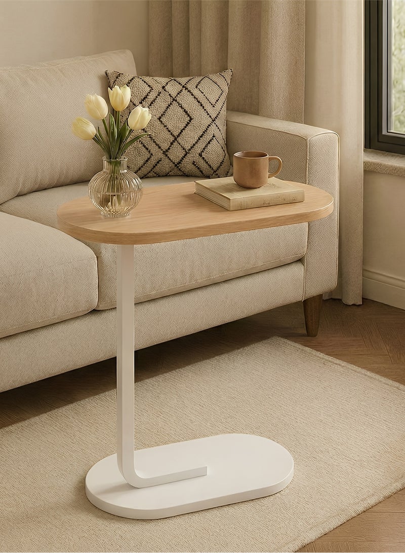 Taimi C-Shaped Side Table Elegant Design with Metal Frame, Sofa Side Coffee Table, Side Table for Living Room, Bedroom, Office, Balcony-Easy Assembly- 60x28x39cm - Wooden Color With White Frame - Image 1