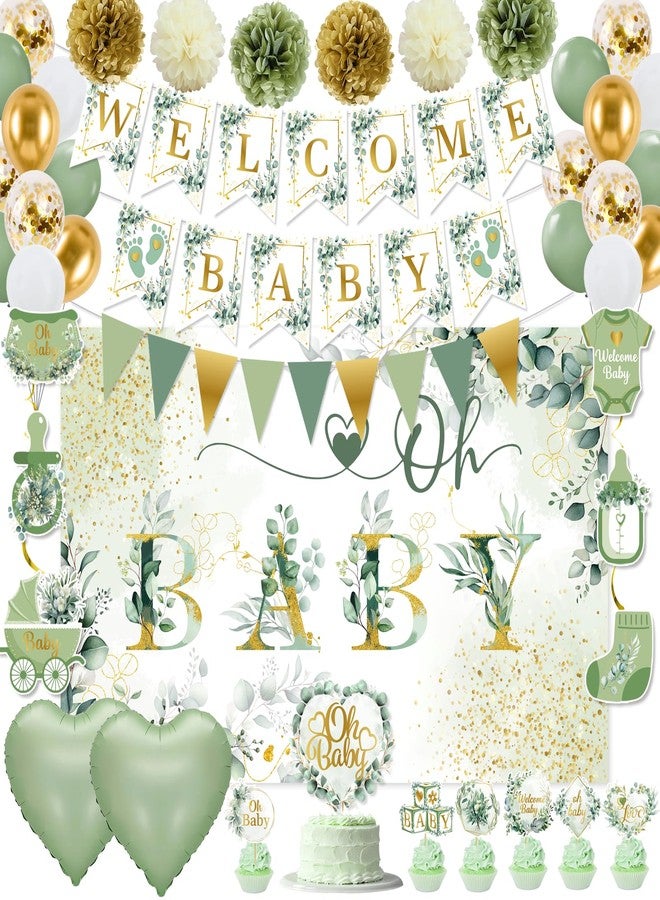 MZ.ogm Sage Green Baby Shower Decorations: Sage Green Baby's Shower Plates And Napkins Gender Neutral Baby Shower Decorations Oh Baby Party Supplies With Backdrop Balloon Welcome Baby Banner - Image 1