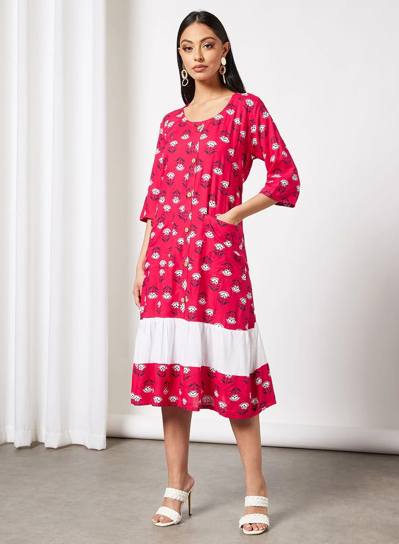 HANA & SARA Casual Cotton Printed Round Neck All Over Jalabiya With Facemask For Women