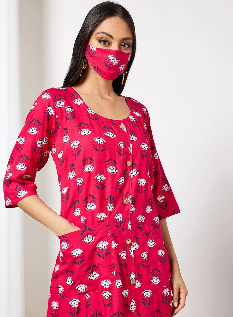 HANA & SARA Casual Cotton Printed Round Neck All Over Jalabiya With Facemask For Women