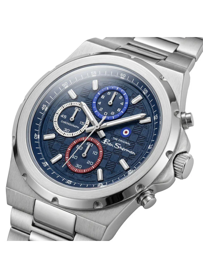 بين شيرمان Manchester  Blue Dial Stainless Steel Bracelet Chronograph Watch for Men, 43mm