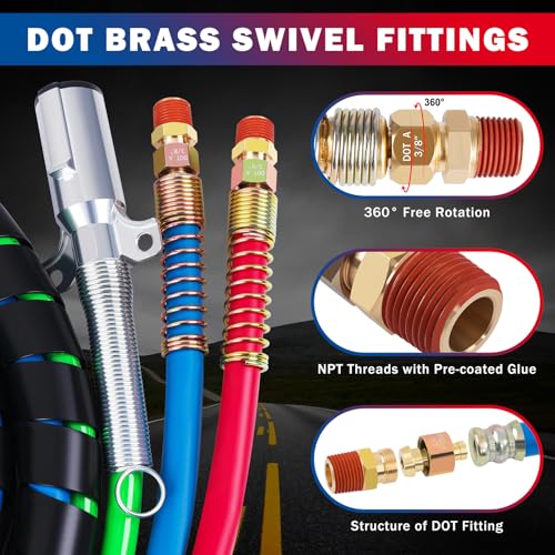 CheeMuii 12 FT Semi Truck Air Lines Kit with 2 PCS 16" Single Tender Spring Kit Gladhands with Gladhand Holder and Handles 3IN1 Red & Blue Air Hoses ABS Electric Power Line Kit for Truck Trailer - Image 2