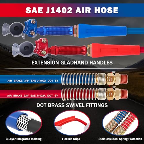 CheeMuii 12 FT Semi Truck Air Lines Kit with 2 PCS 16" Single Tender Spring Kit Gladhands with Gladhand Holder and Handles 3IN1 Red & Blue Air Hoses ABS Electric Power Line Kit for Truck Trailer - Image 3