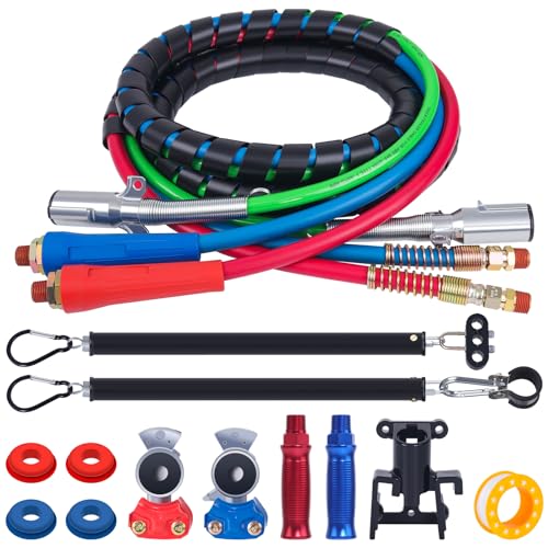CheeMuii 12 FT Semi Truck Air Lines Kit with 2 PCS 16" Single Tender Spring Kit Gladhands with Gladhand Holder and Handles 3IN1 Red & Blue Air Hoses ABS Electric Power Line Kit for Truck Trailer - Image 1