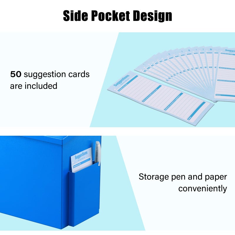 xydled Wall Mounted Ballot & Donation Box with 50 Suggestion Cards, Metal Suggestion Collection Box with Key Lock, Blue, 8.7"x 5.9"x7.1" - Image 3