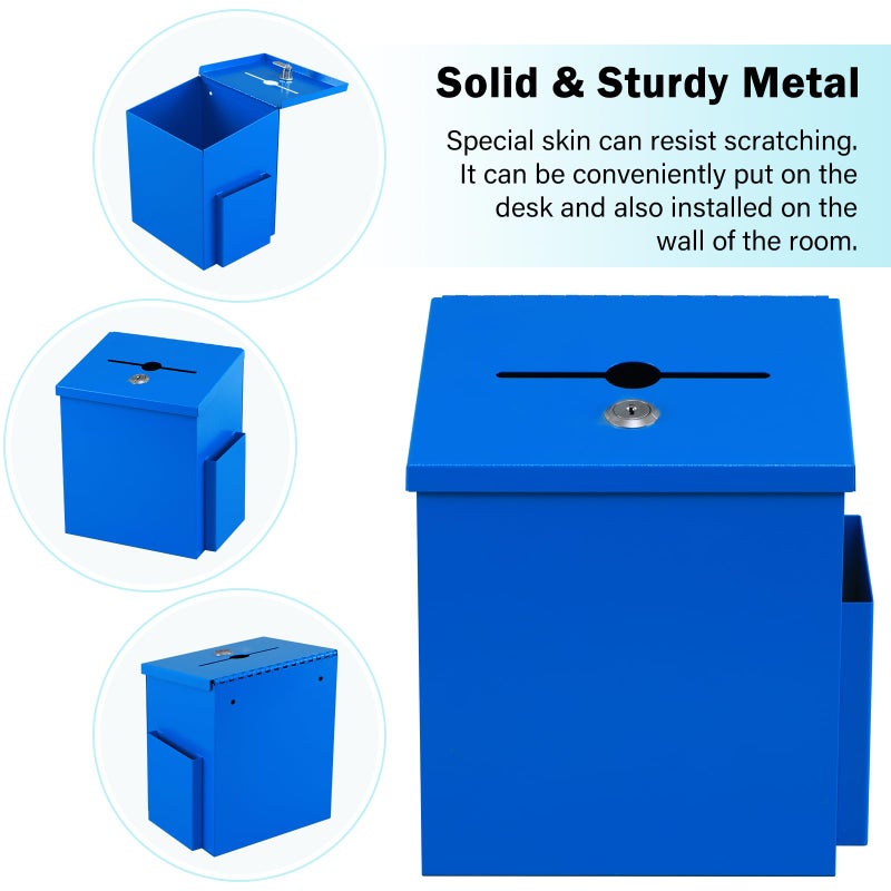 xydled Wall Mounted Ballot & Donation Box with 50 Suggestion Cards, Metal Suggestion Collection Box with Key Lock, Blue, 8.7"x 5.9"x7.1" - Image 2