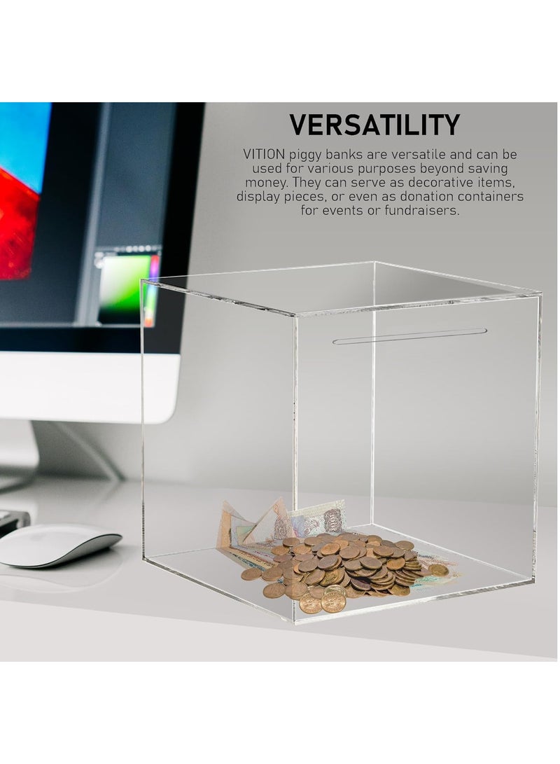 VITION Acrylic Piggy Bank with Front Slot, Break to Open Square Money Saving Box for Adults & Kids 12x12cm, Transparent - Image 3