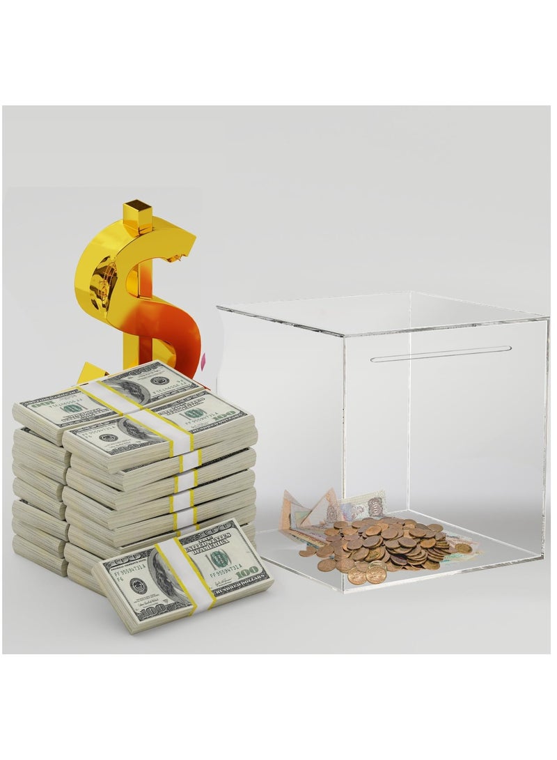 VITION Acrylic Piggy Bank with Front Slot, Break to Open Square Money Saving Box for Adults & Kids 12x12cm, Transparent - Image 4