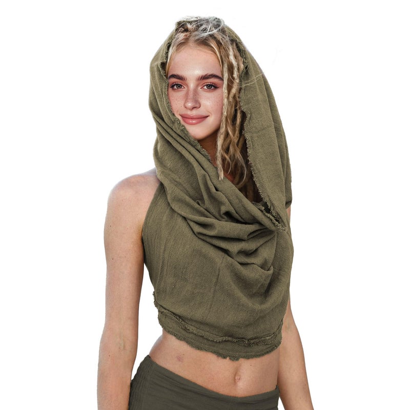 CosInStyle Women's Crop Tank Top - Halter, Boho Open Back, Cross Wrap Swimsuit Cover Ups, 100% Cotton Bathing Suit Coverup (US, Alpha, One Size, Regular, Regular, Olive Green) - Image 1