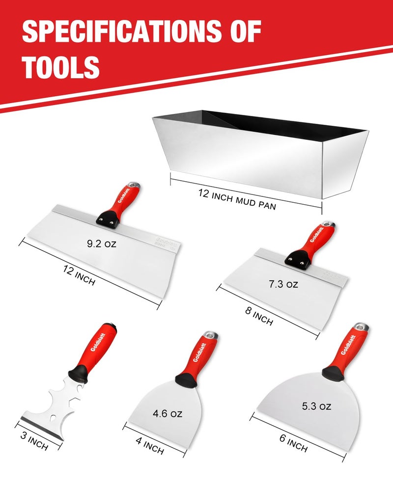 Goldblatt Drywall Hand Tool Kit - 14 in 1, 6 Pieces Stainless Steel Joint Knife, Taping Knives, Paniter Scraper, Mud Pan - Image 5