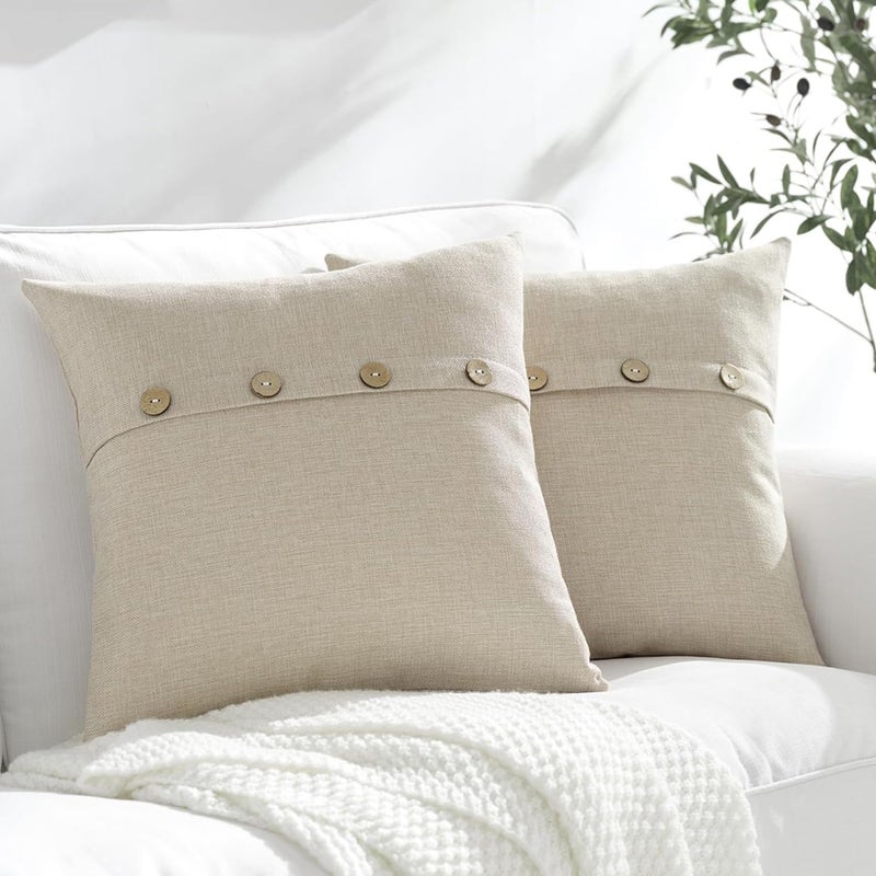 Meekio Set of 2 Biscotti Beige Square Pillow Covers 16 x 16 Farmhouse Linen Pillow Covers with Coconut Buttons for Sofa Couch Living Room Bedroom Farmhouse Dcor for The Home Housewarming Gifts
