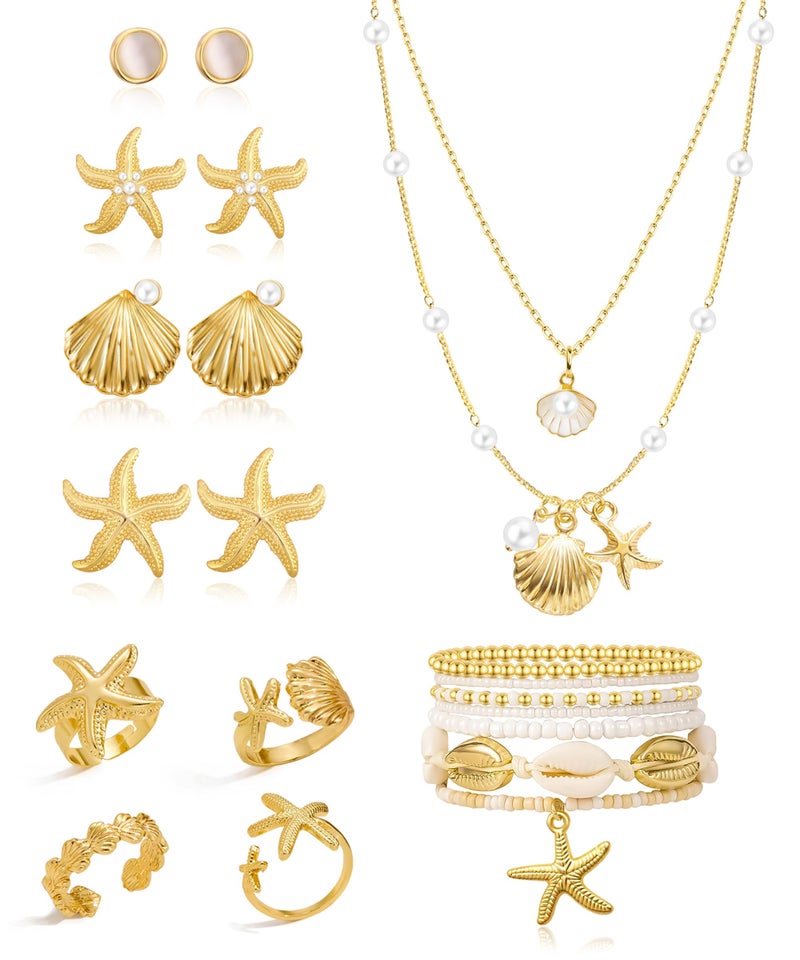 MEDOJO 17 Pcs Beach Jewelry for Women Seashell Starfish Earrings Rings Boho Summer Beach White Anklet Set Summer Jewelry Set - Image 1