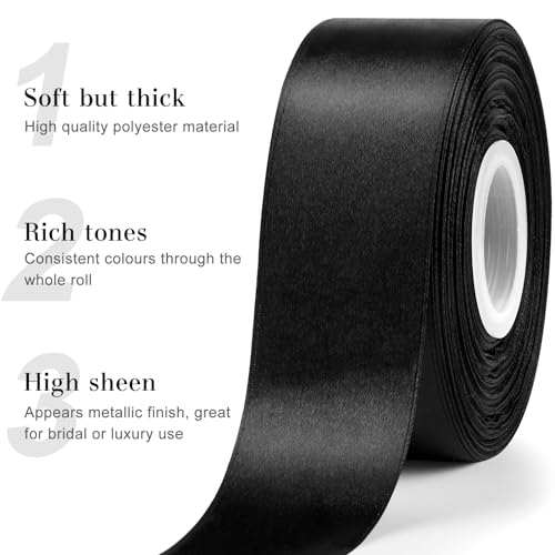 CLUEWR 1-1/2 Inches 50 Yards Black Satin Ribbon, Solid Fabric Ribbon Roll for Flower Bouquets, Gift Wrapping, Wedding, Handmade Crafts - Image 4